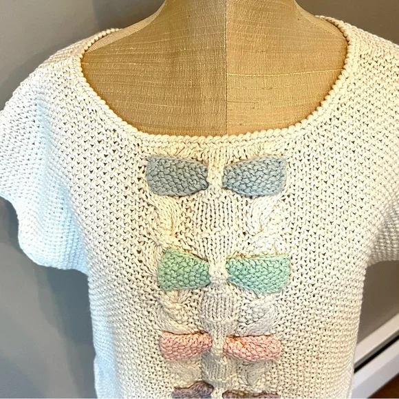 VTG Coquette Bow Pastel Sweater Ivory Sz M Chunky Textured Knobby Knit - Picture 3 of 11